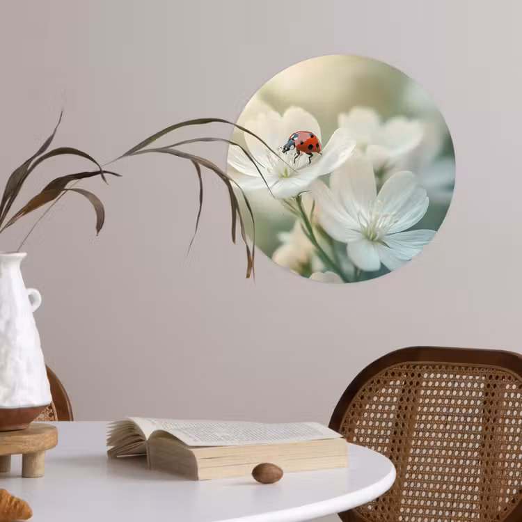 Lieveheersbeestje - Bloemen - Wit Wandcirkel behangsticker klein -sfeer3