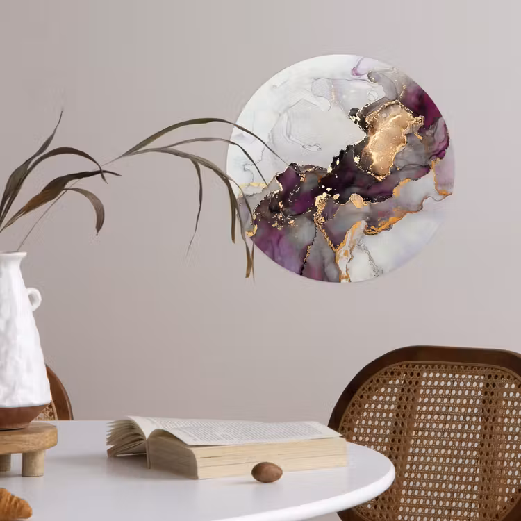 Marmer - Abstract - Goud - Paars Wandcirkel behangsticker klein -sfeer3