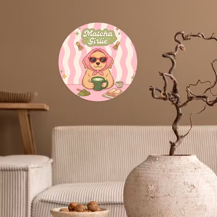 Matcha - Hond - Roze - Groen Wandcirkel behangsticker klein -sfeer1
