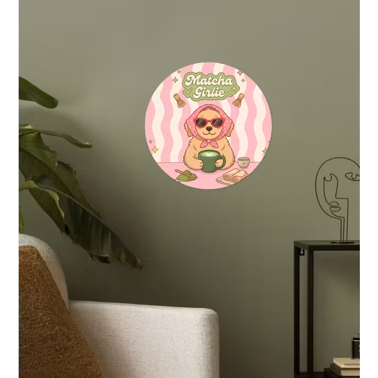 Matcha - Hond - Roze - Groen Wandcirkel behangsticker klein -sfeer2