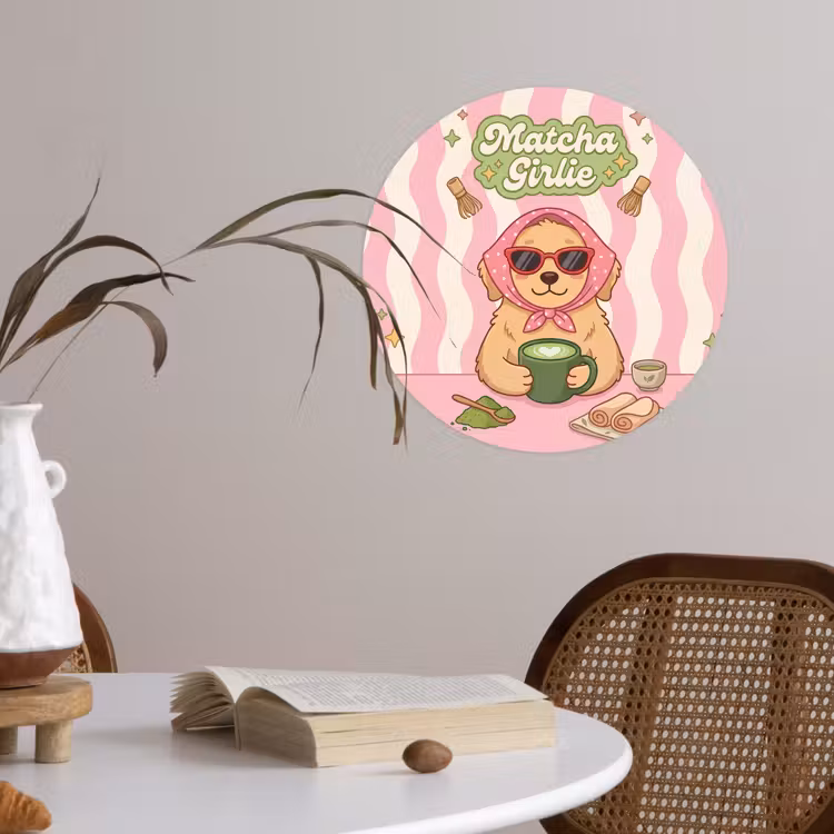 Matcha - Hond - Roze - Groen Wandcirkel behangsticker klein -sfeer3