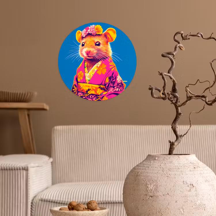 Muis - Kimono - Bloemen - Blauw Wandcirkel behangsticker klein -sfeer1