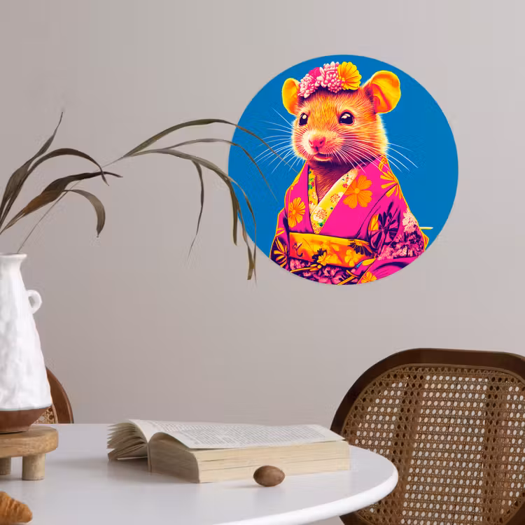 Muis - Kimono - Bloemen - Blauw Wandcirkel behangsticker klein -sfeer3