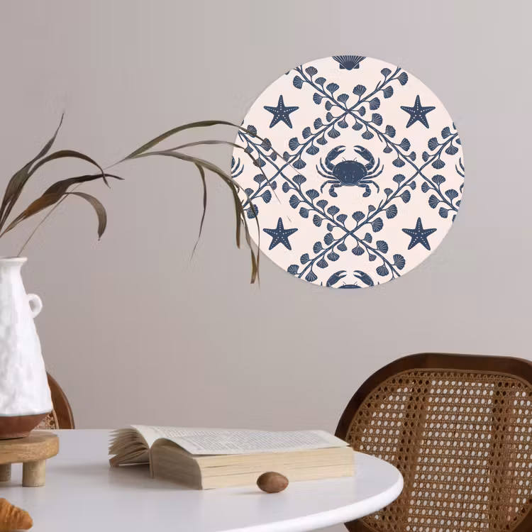 Zee - Krab - Zeester - Patroon - Blauw Wandcirkel behangsticker klein -sfeer3
