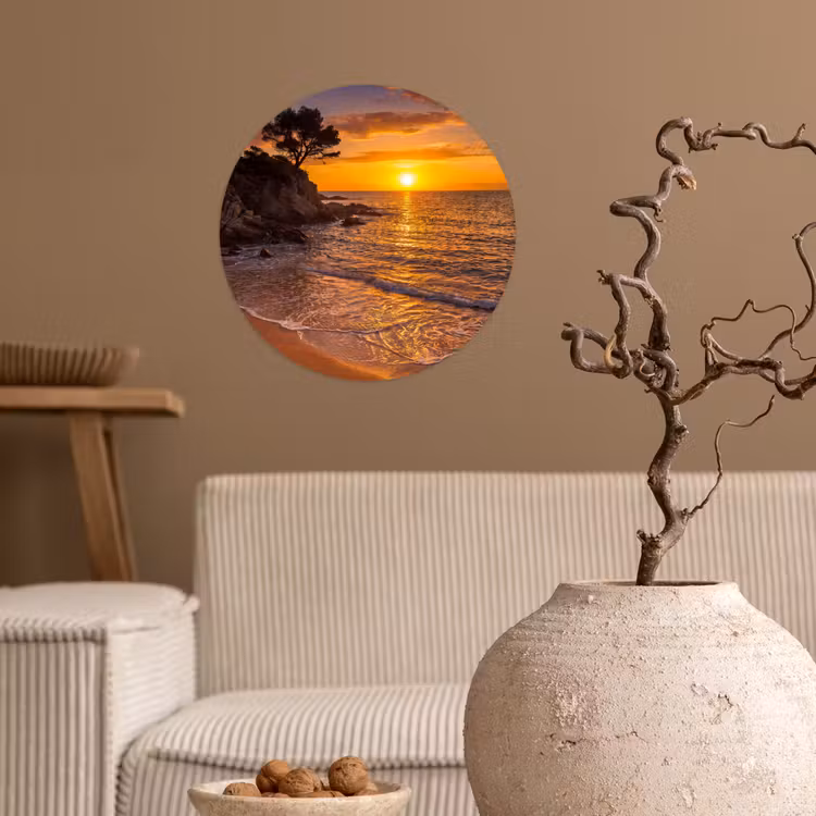 Zee - Kust - Zonsondergang - Natuur - Oranje Wandcirkel behangsticker klein -sfeer1