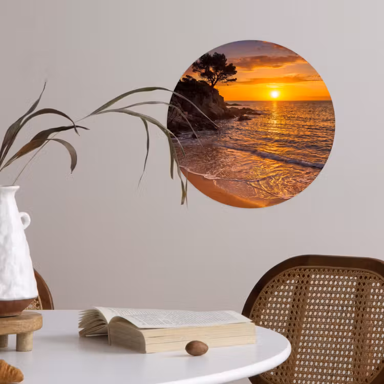 Zee - Kust - Zonsondergang - Natuur - Oranje Wandcirkel behangsticker klein -sfeer3