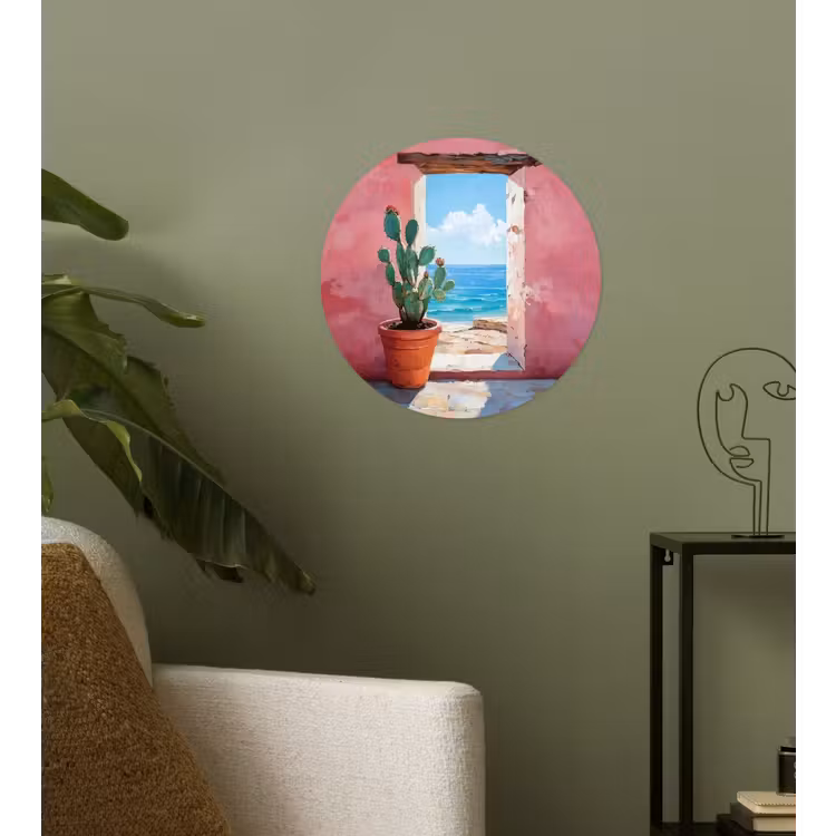 Zee - Roze - Cactus Wandcirkel behangsticker klein -sfeer2
