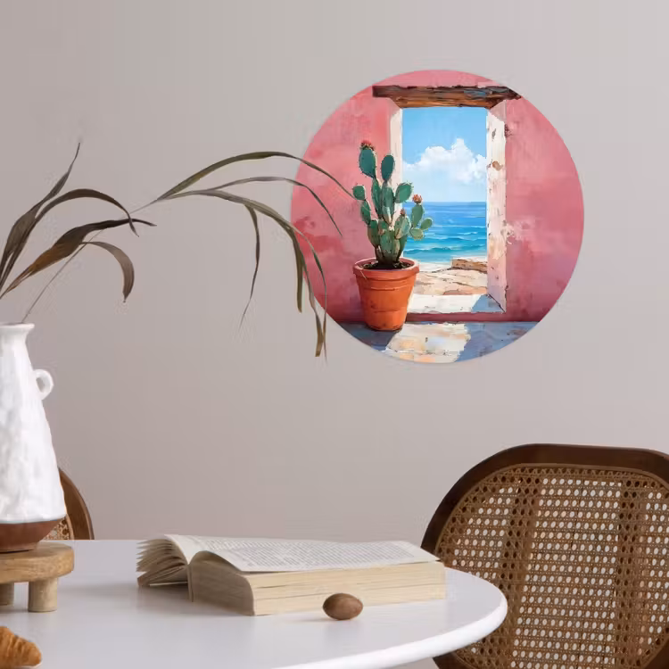 Zee - Roze - Cactus Wandcirkel behangsticker klein -sfeer3