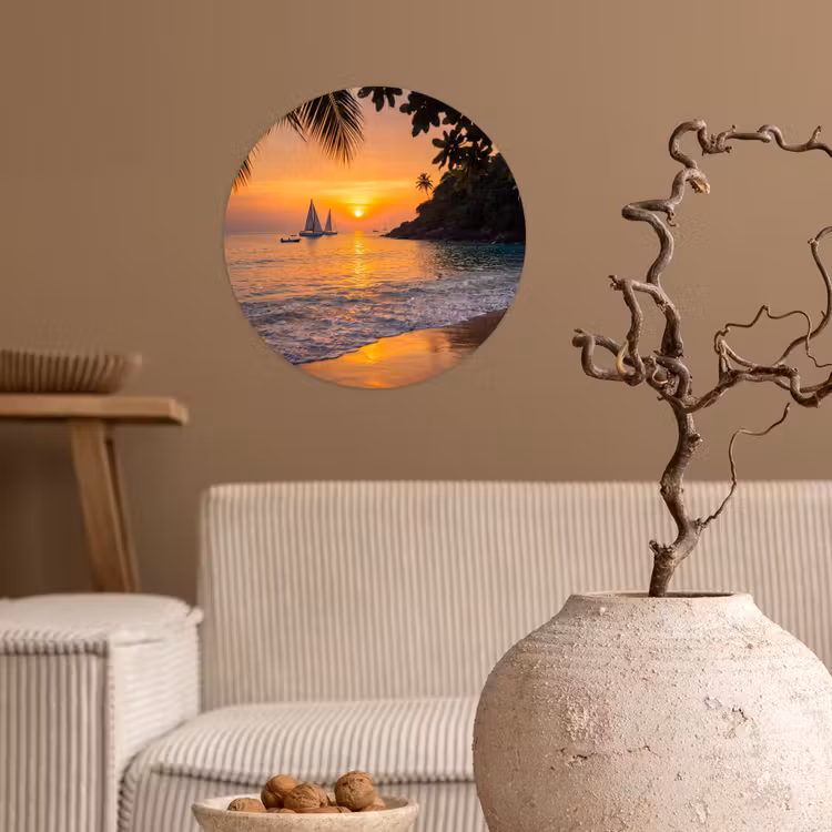 Zee - Zonsondergang - Boot - Natuur - Oranje Wandcirkel behangsticker klein -sfeer1
