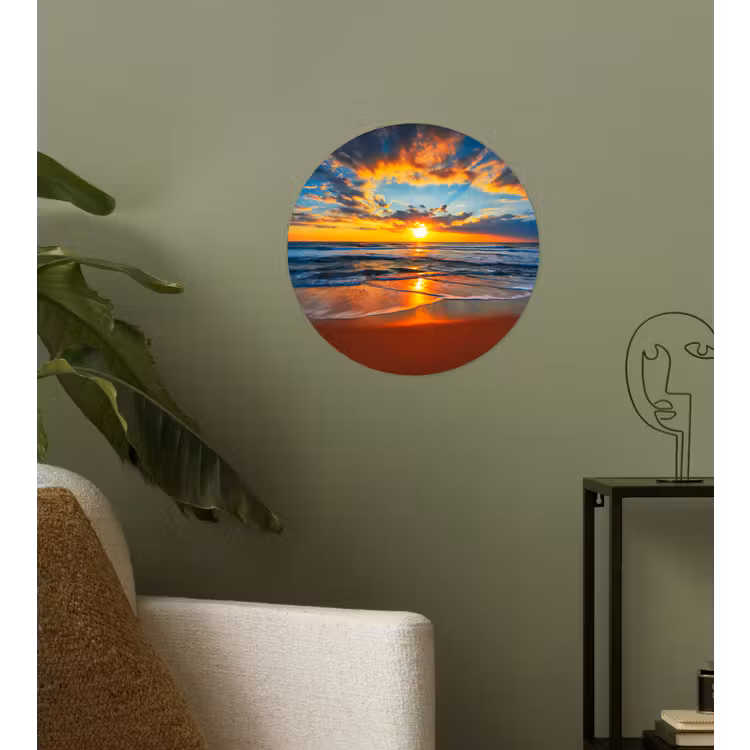 Zee - Zonsondergang - Strand - Wolken - Oranje Wandcirkel behangsticker klein -sfeer2