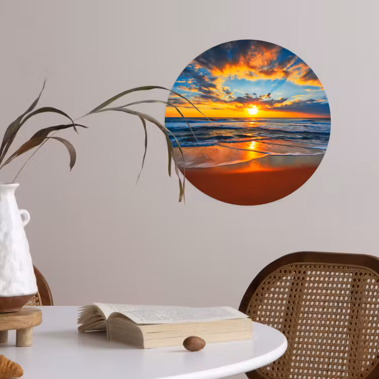 Zee - Zonsondergang - Strand - Wolken - Oranje Wandcirkel behangsticker klein -sfeer3