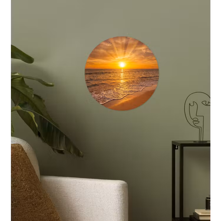 Zee - Zonsondergang - Golven - Kust - Oranje Wandcirkel behangsticker klein -sfeer2