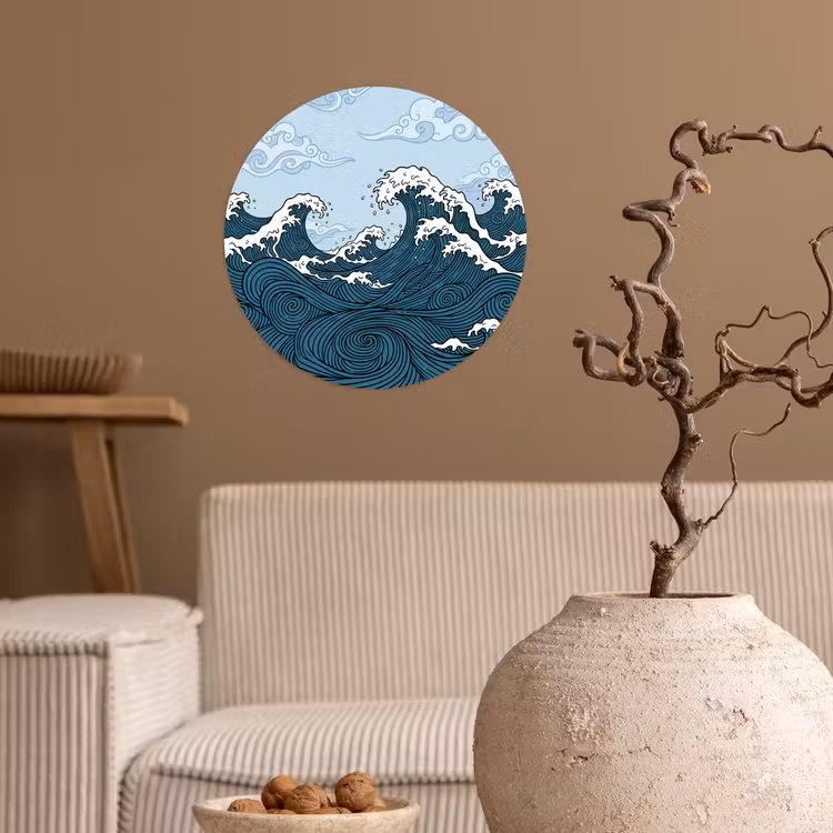 Zee - Golven - Japans - Natuur - Blauw Wandcirkel behangsticker klein -sfeer1