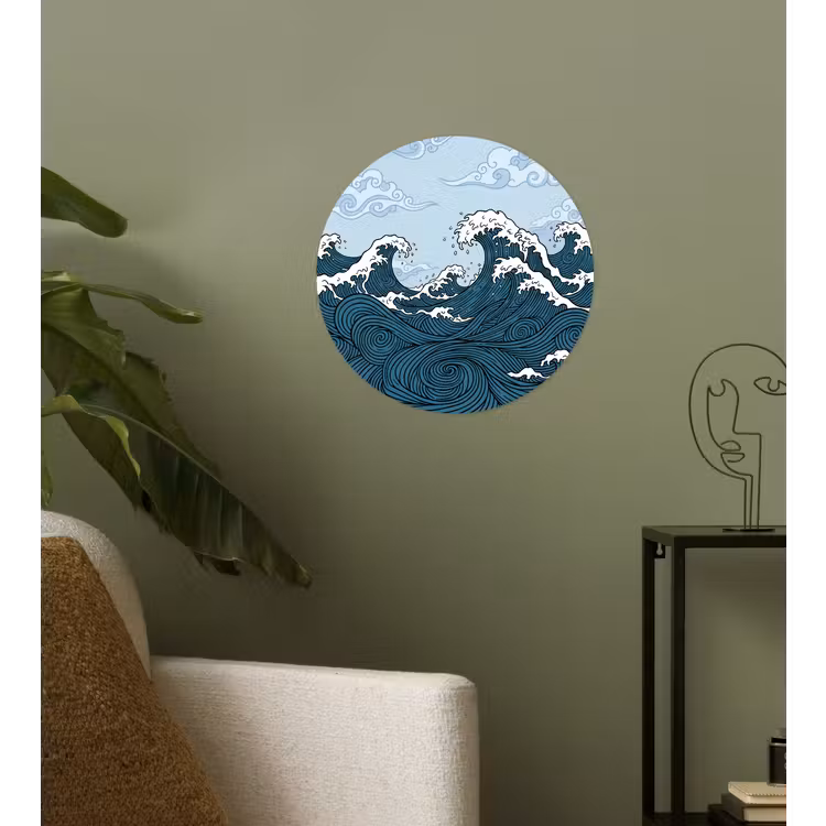 Zee - Golven - Japans - Natuur - Blauw Wandcirkel behangsticker klein -sfeer2