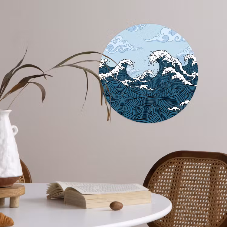 Zee - Golven - Japans - Natuur - Blauw Wandcirkel behangsticker klein -sfeer3