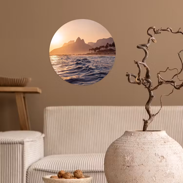 Zee - Golven - Zonsondergang - Kust - Goud Wandcirkel behangsticker klein -sfeer1