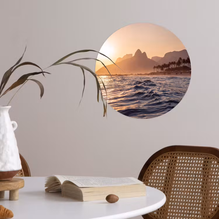 Zee - Golven - Zonsondergang - Kust - Goud Wandcirkel behangsticker klein -sfeer3