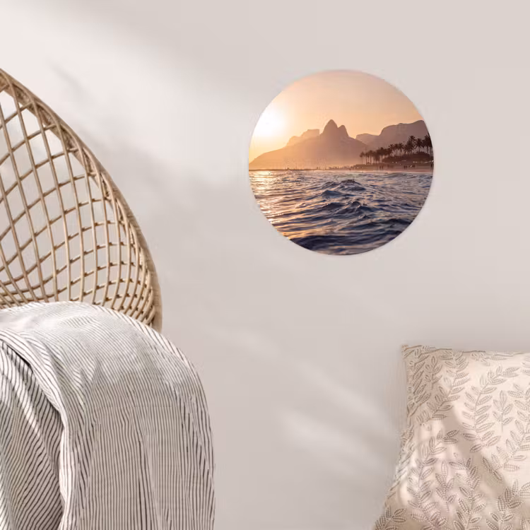 Zee - Golven - Zonsondergang - Kust - Goud Wandcirkel behangsticker klein -sfeer4