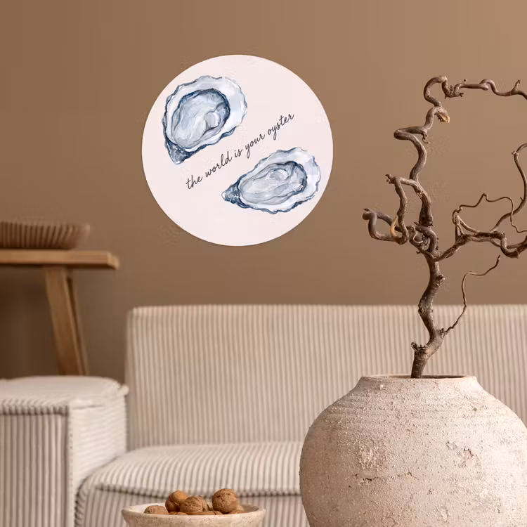 Zeeleven - Oester - Aquarel - Minimalistisch - Blauw Wandcirkel behangsticker klein -sfeer1