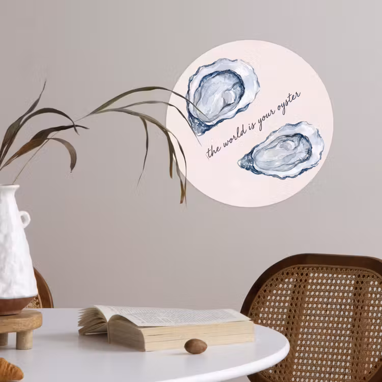 Zeeleven - Oester - Aquarel - Minimalistisch - Blauw Wandcirkel behangsticker klein -sfeer3