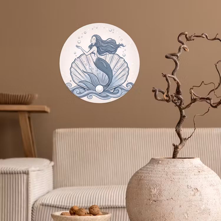 Zeemeermin - Schelp - Zee - Fantasie - Blauw Wandcirkel behangsticker klein -sfeer1