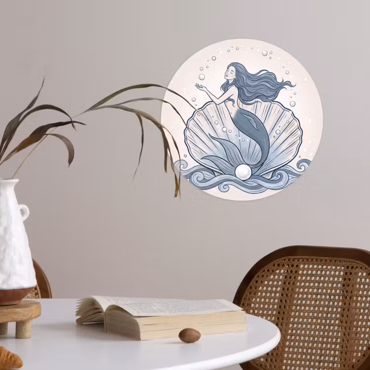 Zeemeermin - Schelp - Zee - Fantasie - Blauw Wandcirkel behangsticker klein -sfeer3