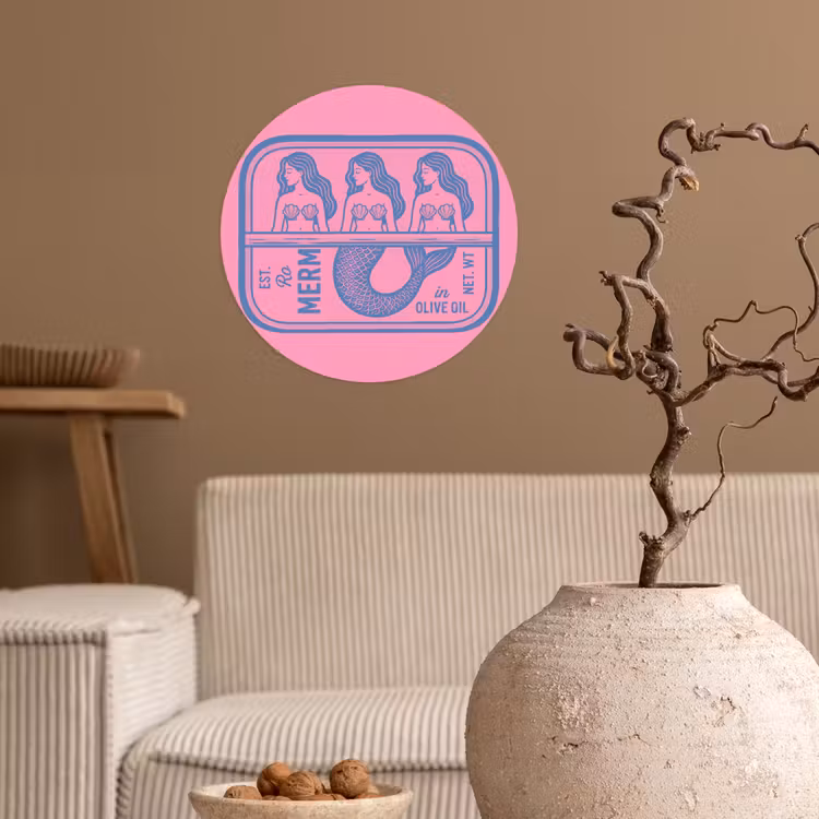 Meermin - Sardineblik - Illustratie - Roze - Retro Wandcirkel behangsticker klein -sfeer1