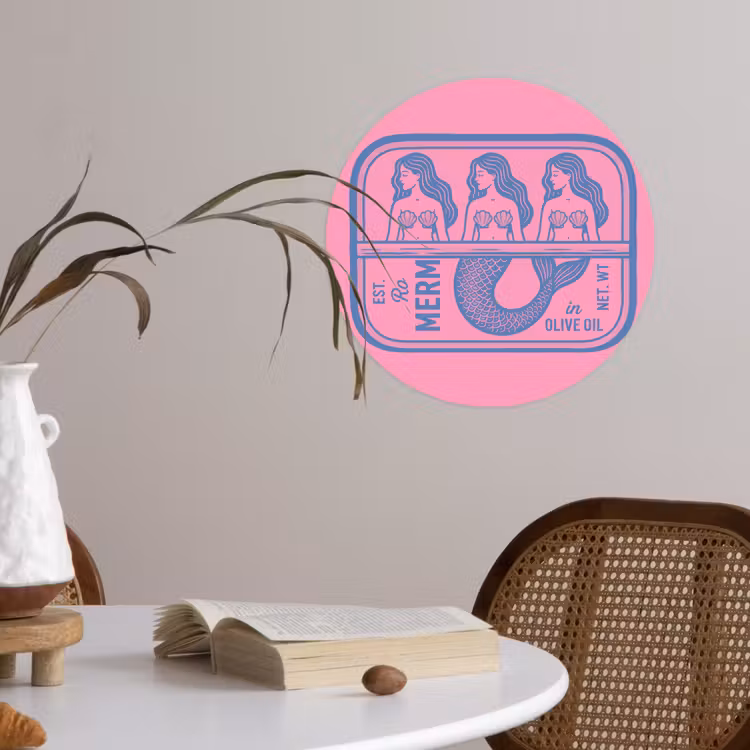 Meermin - Sardineblik - Illustratie - Roze - Retro Wandcirkel behangsticker klein -sfeer3
