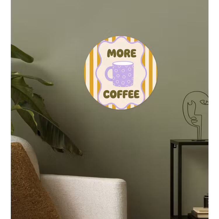 More coffee - Geel - Paars - Strepen - Mok Wandcirkel behangsticker klein -sfeer2