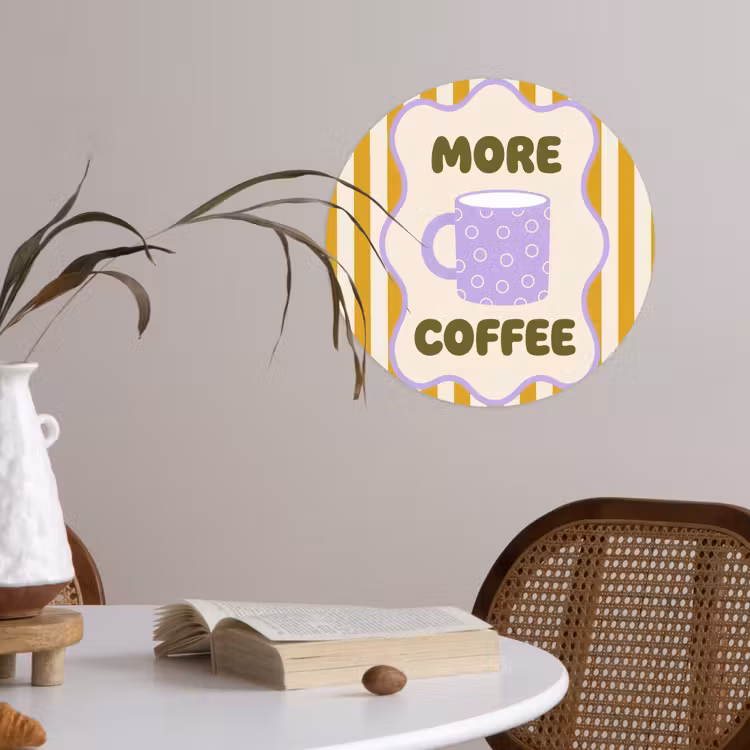 More coffee - Geel - Paars - Strepen - Mok Wandcirkel behangsticker klein -sfeer3