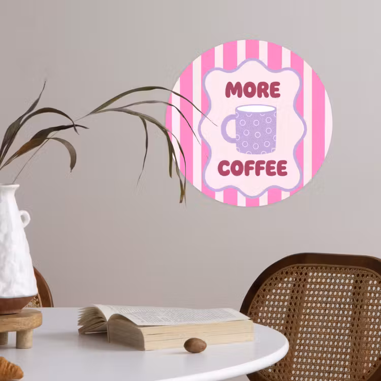 More coffee - Roze - Paars - Strepen - Mok Wandcirkel behangsticker klein -sfeer3