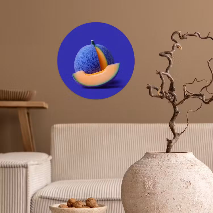 Meloen - Blauw - Oranje - Kunstzinnig Wandcirkel behangsticker klein -sfeer1