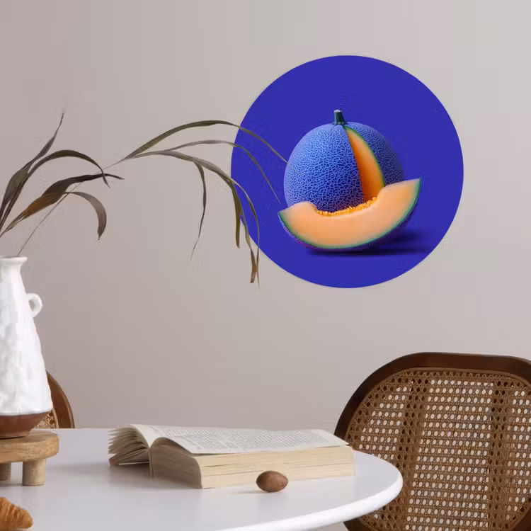Meloen - Blauw - Oranje - Kunstzinnig Wandcirkel behangsticker klein -sfeer3