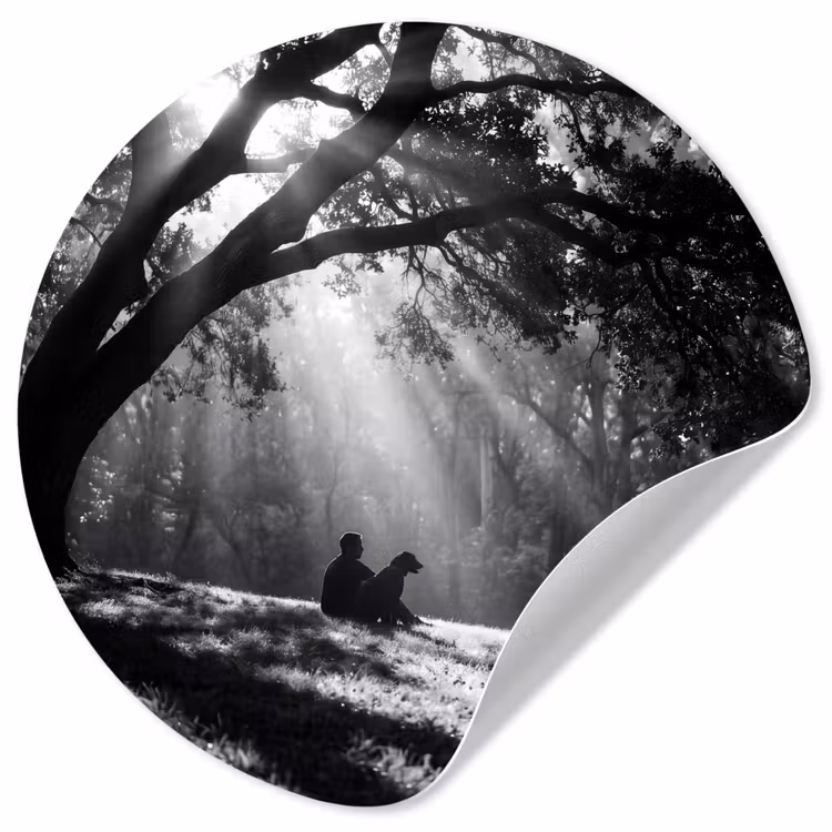 Mens - Hond - Natuur - Zwart-wit - Silhouet Wandcirkel behangsticker klein -3d