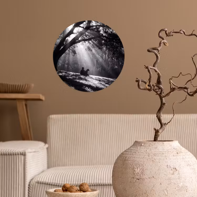 Mens - Hond - Natuur - Zwart-wit - Silhouet Wandcirkel behangsticker klein -sfeer1