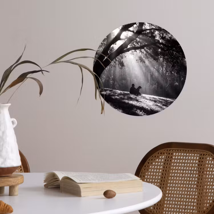 Mens - Hond - Natuur - Zwart-wit - Silhouet Wandcirkel behangsticker klein -sfeer3