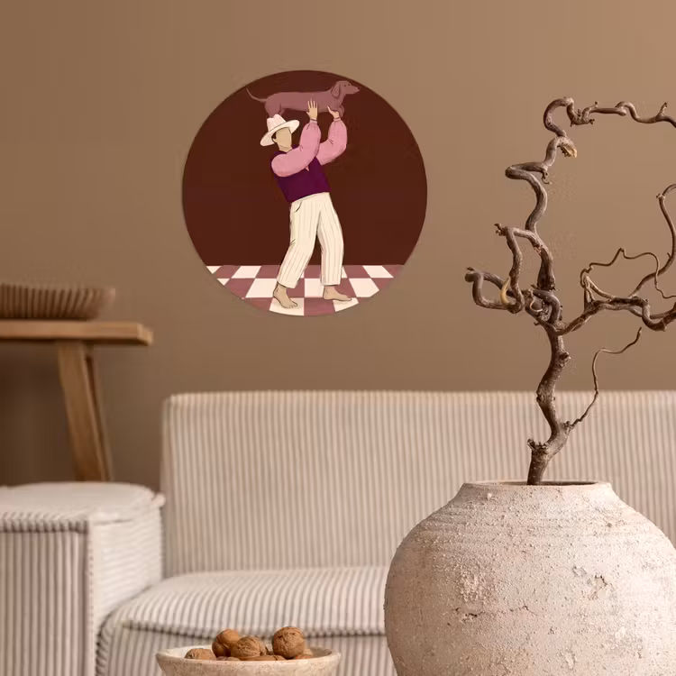 Mens - Hond - Dieren - Abstract - Roze Wandcirkel behangsticker klein -sfeer1