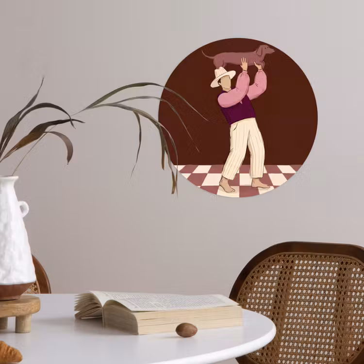 Mens - Hond - Dieren - Abstract - Roze Wandcirkel behangsticker klein -sfeer3