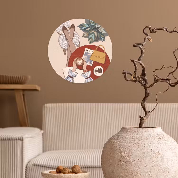 Mensen - Cafe - Koffie - Stadsleven - Modern Wandcirkel behangsticker klein -sfeer1