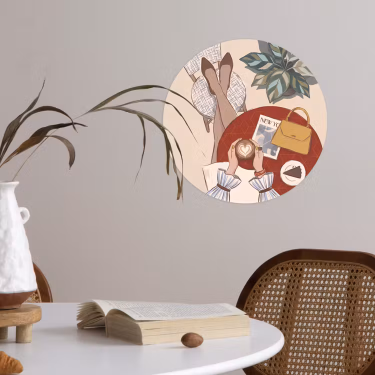 Mensen - Cafe - Koffie - Stadsleven - Modern Wandcirkel behangsticker klein -sfeer3