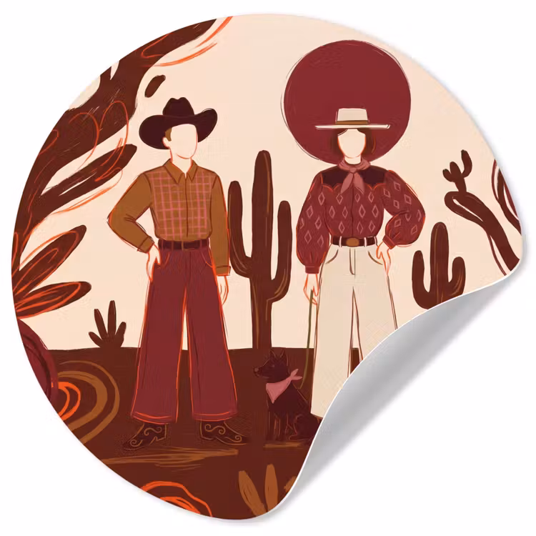 Mensen - Cowboykleding - Westerse stijl - Illustratie - Bruin Wandcirkel behangsticker klein -3d