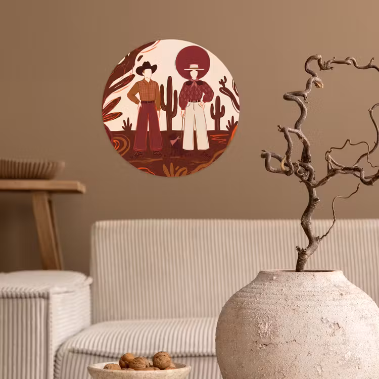 Mensen - Cowboykleding - Westerse stijl - Illustratie - Bruin Wandcirkel behangsticker klein -sfeer1
