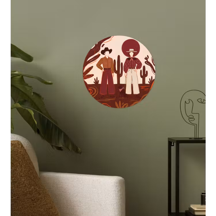 Mensen - Cowboykleding - Westerse stijl - Illustratie - Bruin Wandcirkel behangsticker klein -sfeer2
