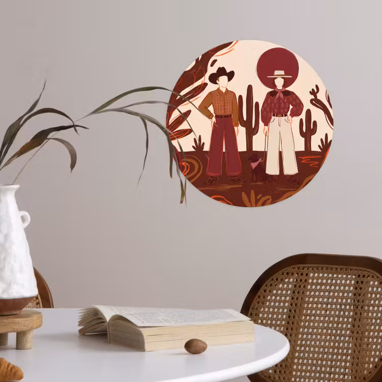 Mensen - Cowboykleding - Westerse stijl - Illustratie - Bruin Wandcirkel behangsticker klein -sfeer3