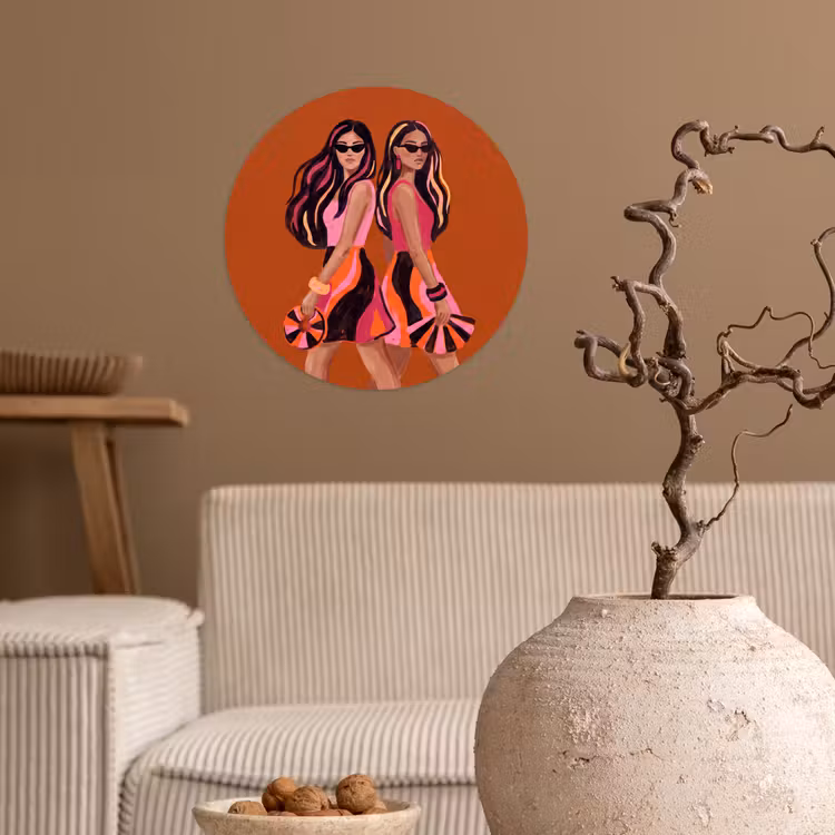 Mensen - Duo - Mode - Illustratie - Kleurrijk Wandcirkel behangsticker klein -sfeer1