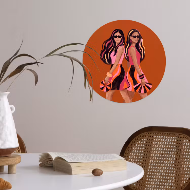 Mensen - Duo - Mode - Illustratie - Kleurrijk Wandcirkel behangsticker klein -sfeer3