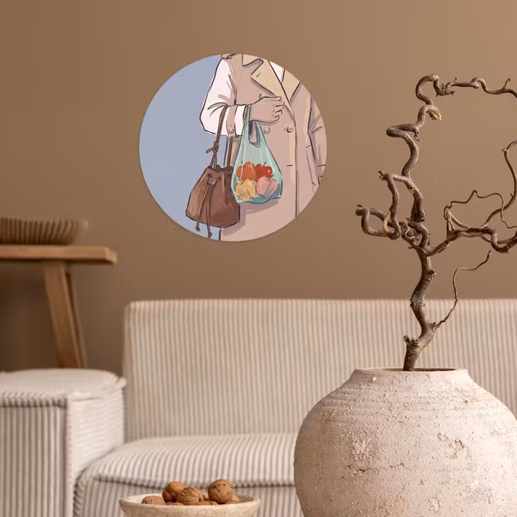 Mensen - Boodschappen - Stadsleven - Modern - Kleurrijk Wandcirkel behangsticker klein -sfeer1