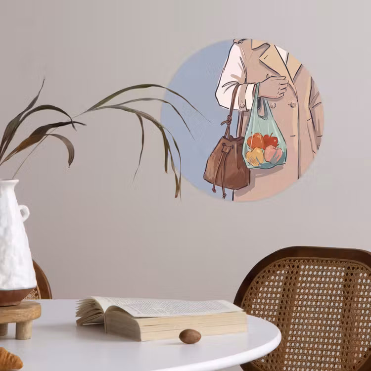 Mensen - Boodschappen - Stadsleven - Modern - Kleurrijk Wandcirkel behangsticker klein -sfeer3