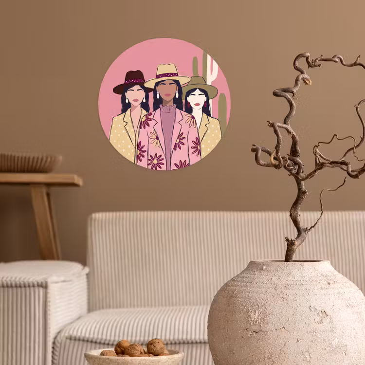 Mensen - Hoeden - Abstract - Roze - Portret Wandcirkel behangsticker klein -sfeer1