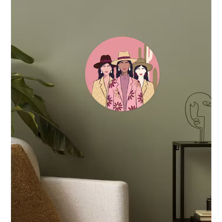 Mensen - Hoeden - Abstract - Roze - Portret Wandcirkel behangsticker klein -sfeer2